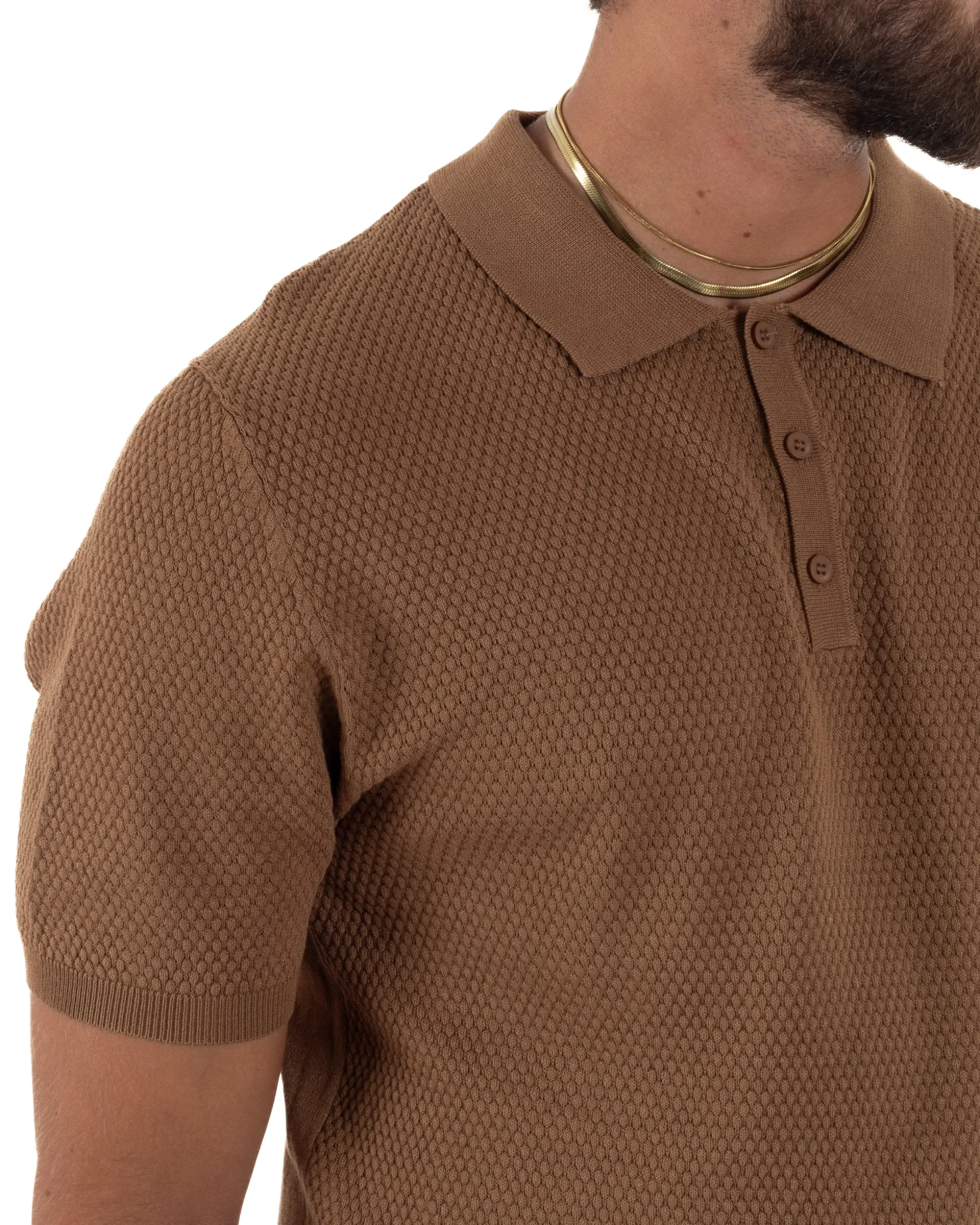 Polo uomo filo maglia nido d'ape colletto t-shirt sottogiacca camel GIOSAL-TS3317A