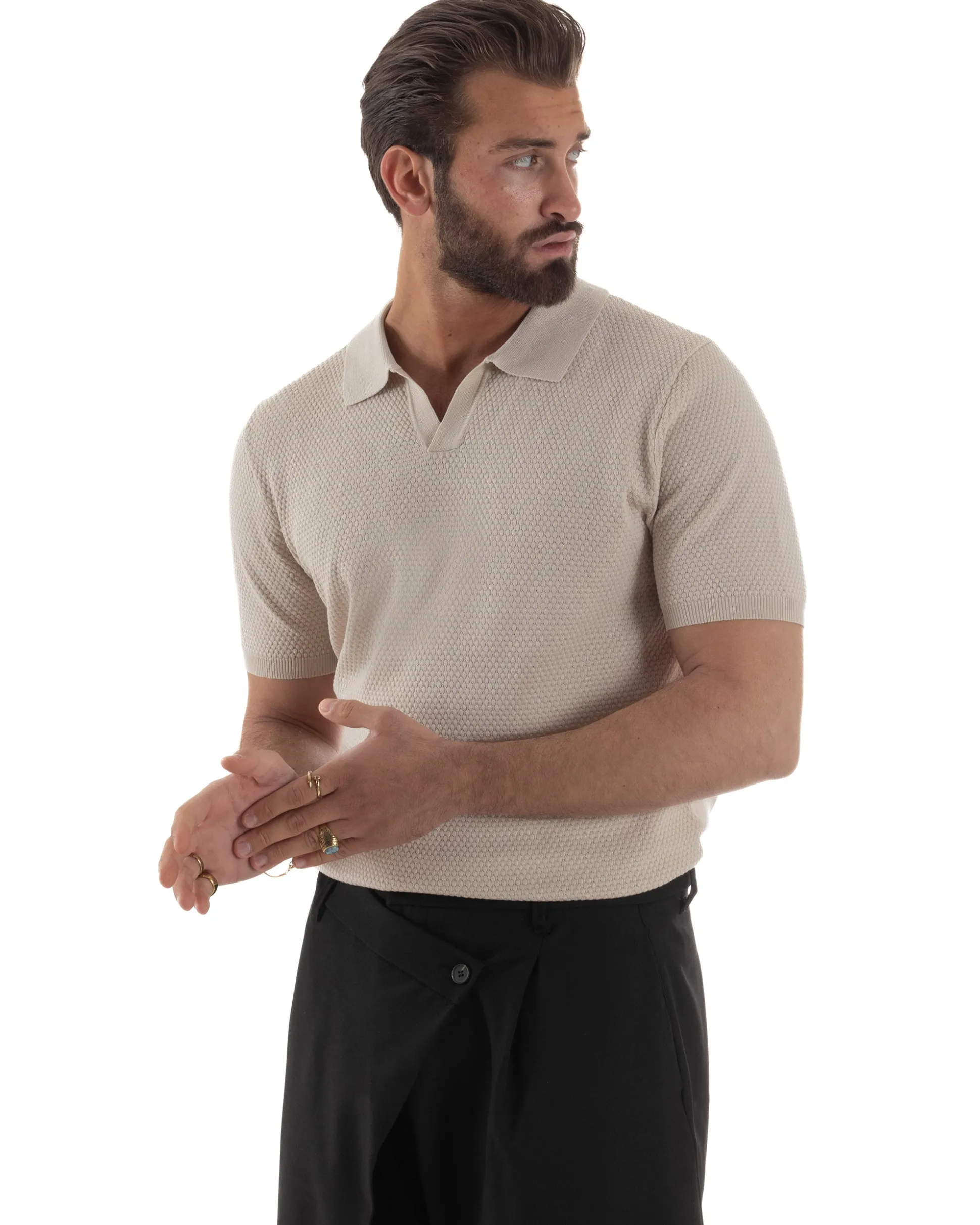 Polo uomo filo maglia traforata colletto t-shirt sottogiacca scollo v beige GIOSAL-TS3214A