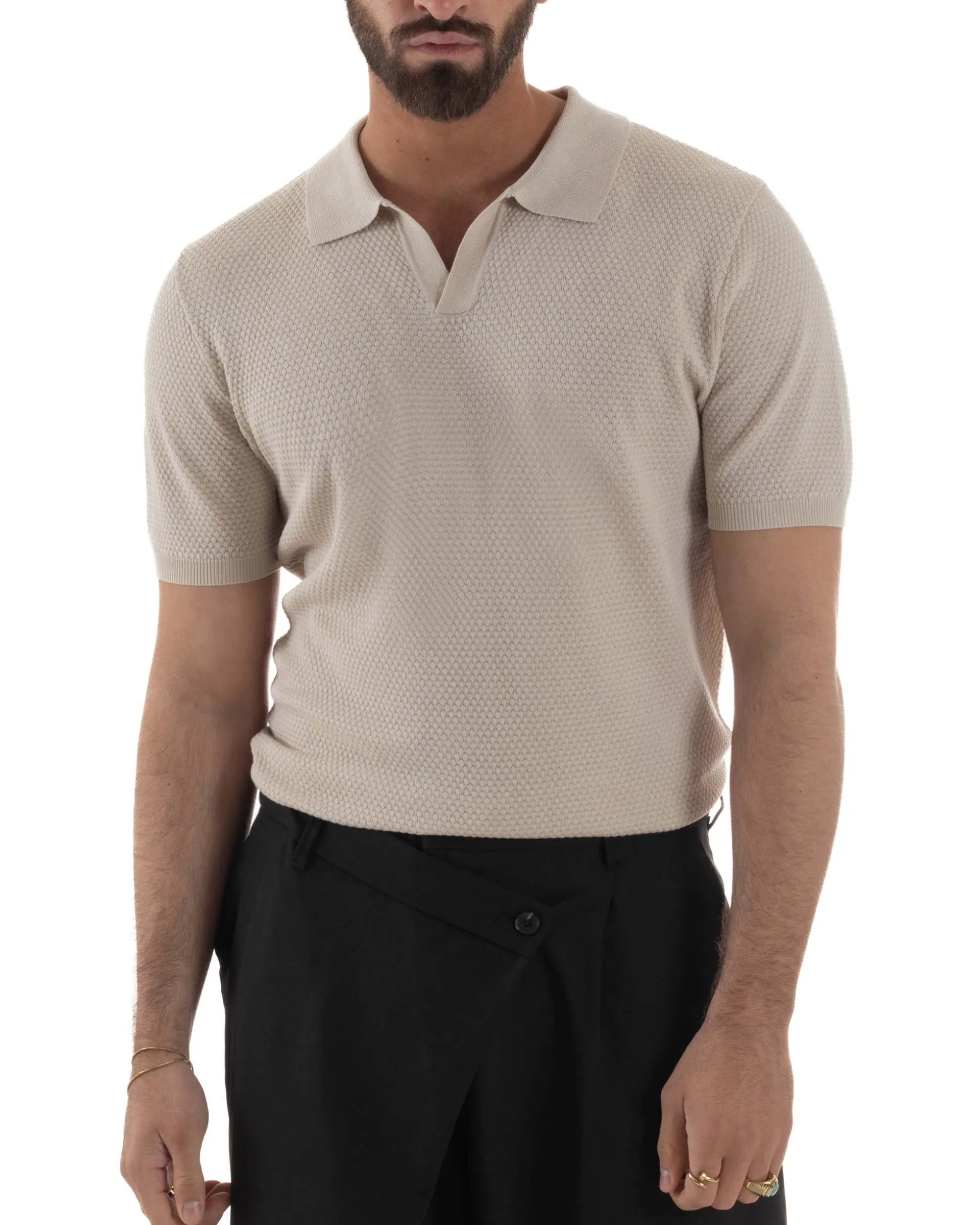 Polo uomo filo maglia traforata colletto t-shirt sottogiacca scollo v beige GIOSAL-TS3214A