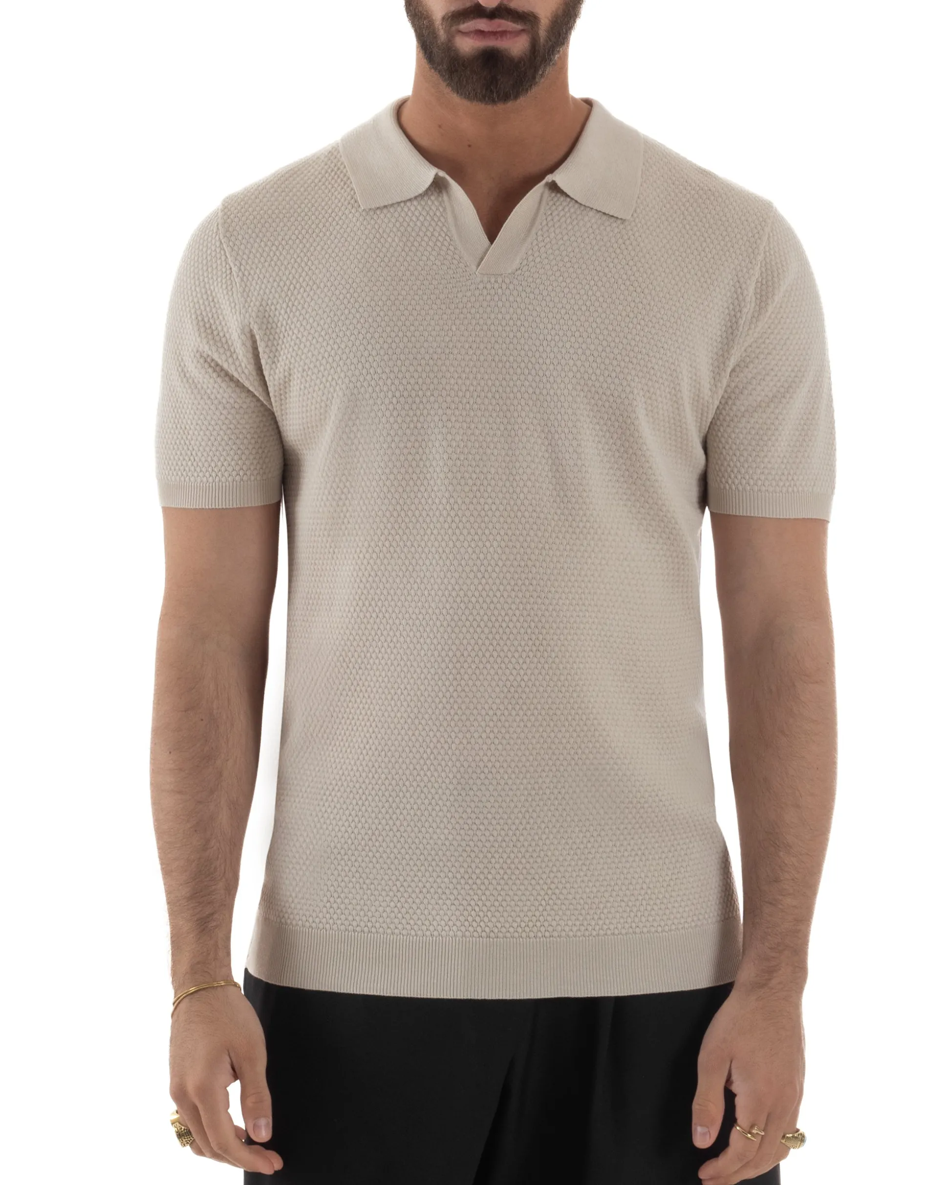 Polo uomo filo maglia traforata colletto t-shirt sottogiacca scollo v beige GIOSAL-TS3214A