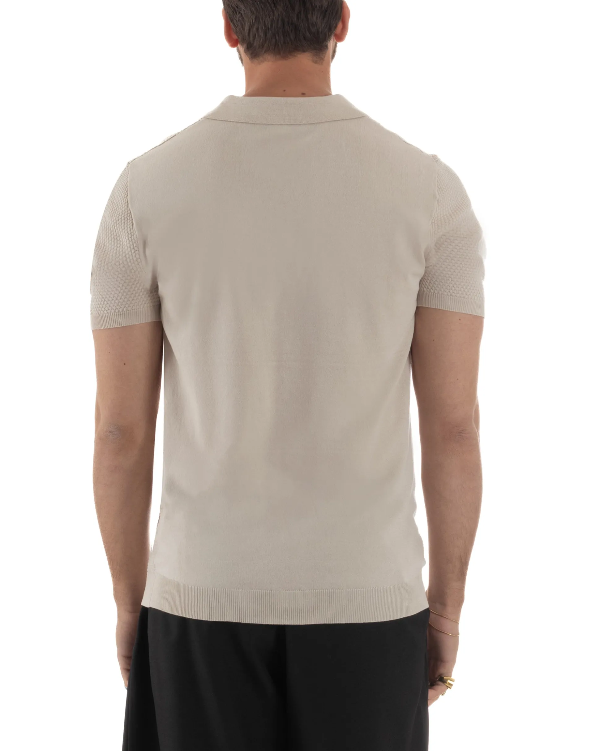Polo uomo filo maglia traforata colletto t-shirt sottogiacca scollo v beige GIOSAL-TS3214A