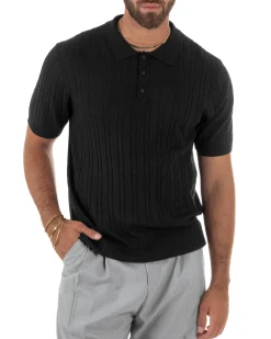 Polo uomo filo maglia trecce colletto con bottoni t-shirt sottogiacca elegante nero GIOSAL-TS3315A
