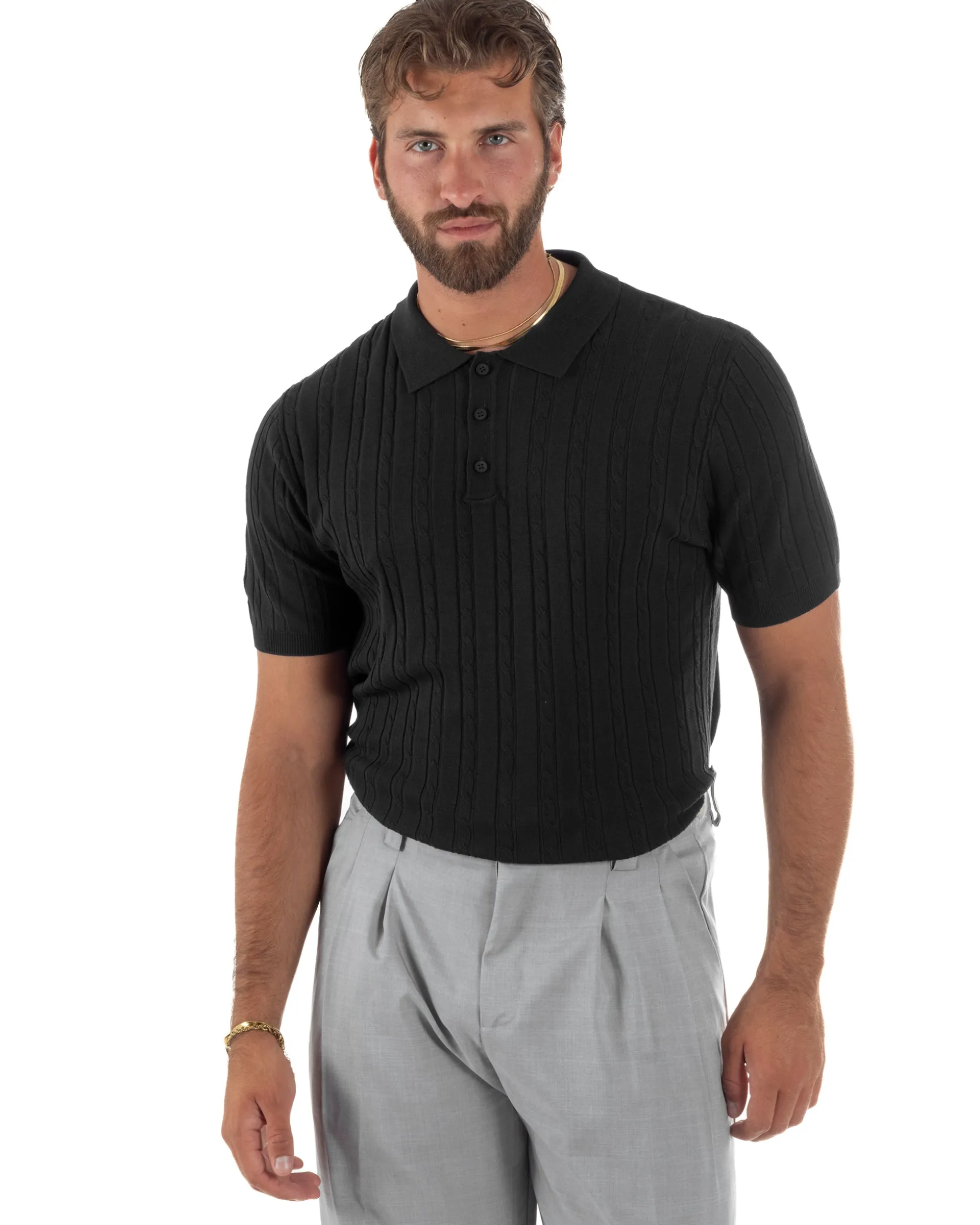Polo uomo filo maglia trecce colletto con bottoni t-shirt sottogiacca elegante nero GIOSAL-TS3315A