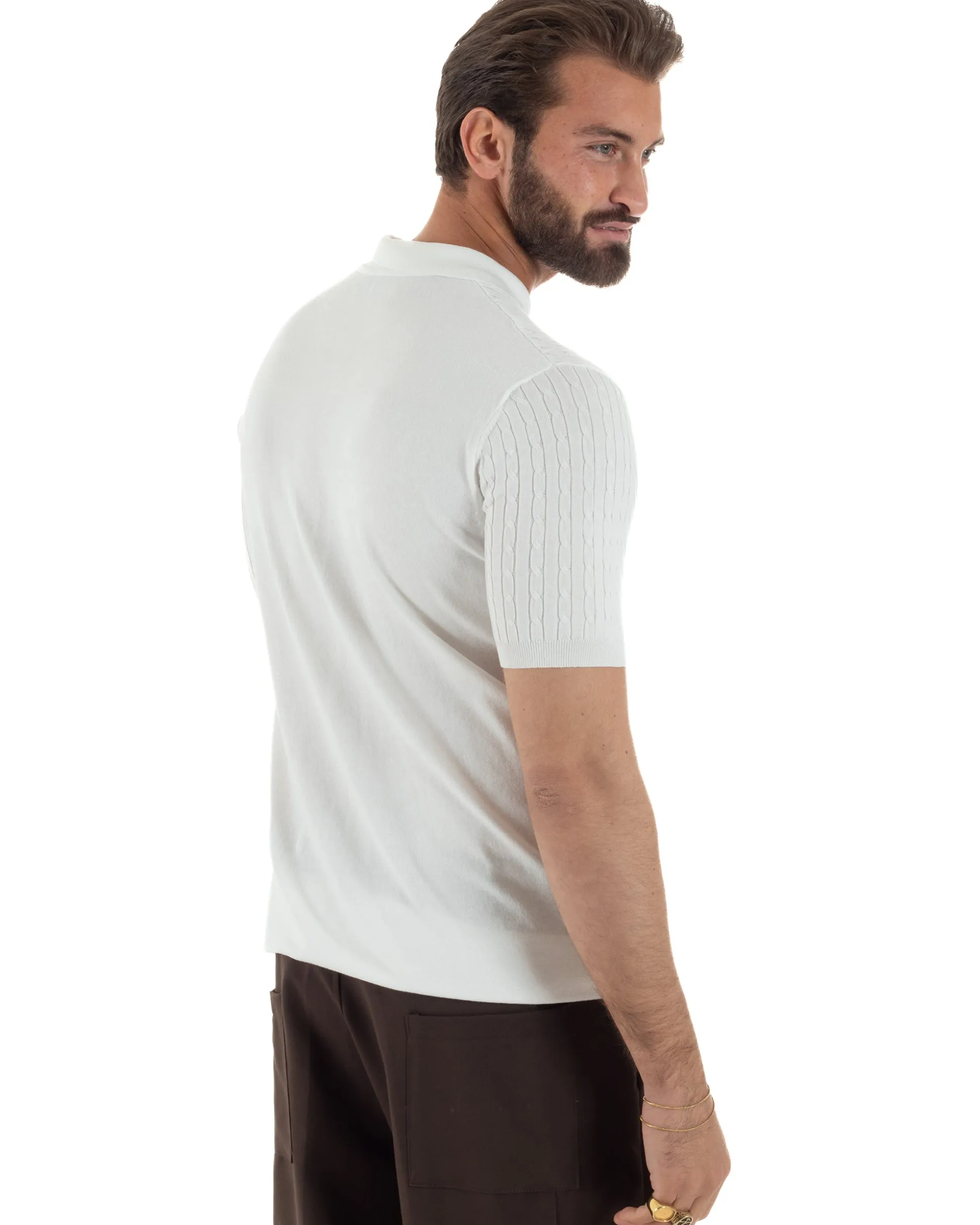 Polo uomo filo maglia trecce colletto con zip t-shirt sottogiacca leggera bianco GIOSAL-TS3226A