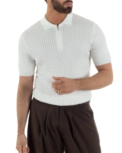 Polo uomo filo maglia trecce colletto con zip t-shirt sottogiacca leggera bianco GIOSAL-TS3226A