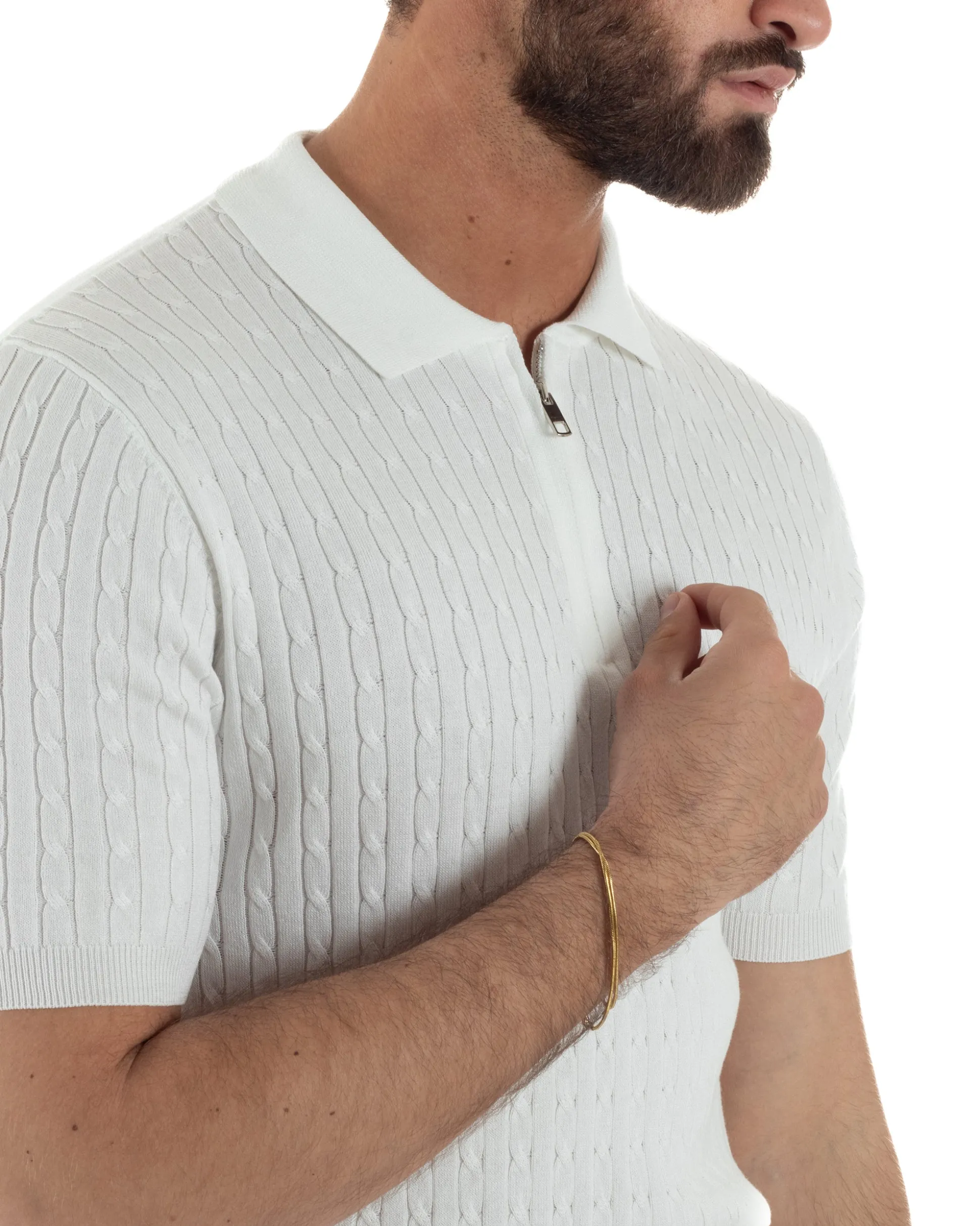 Polo uomo filo maglia trecce colletto con zip t-shirt sottogiacca leggera bianco GIOSAL-TS3226A