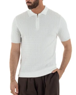 Polo uomo filo maglia trecce colletto con zip t-shirt sottogiacca leggera bianco GIOSAL-TS3226A