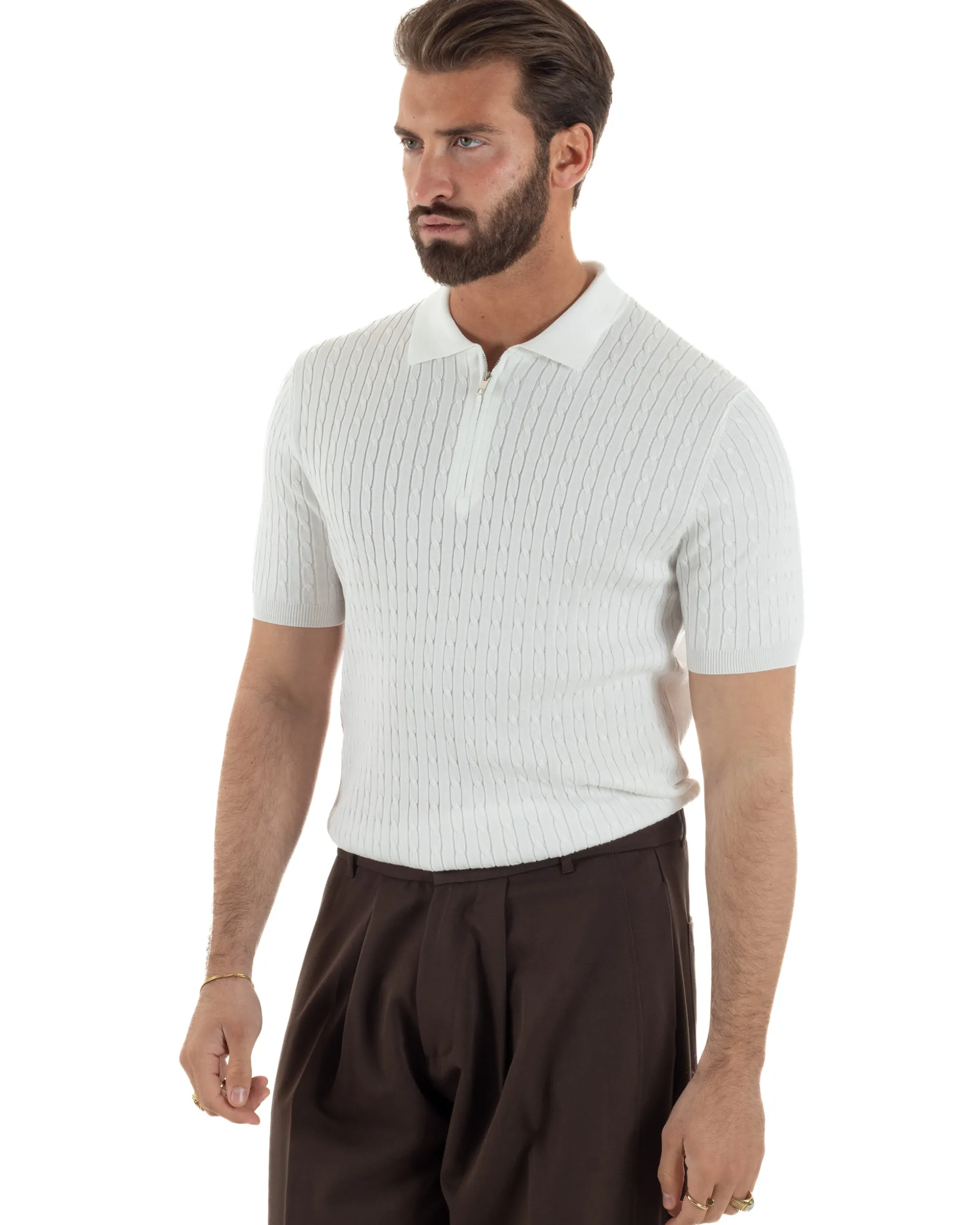 Polo uomo filo maglia trecce colletto con zip t-shirt sottogiacca leggera bianco GIOSAL-TS3226A