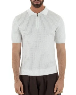 Polo uomo filo maglia trecce colletto con zip t-shirt sottogiacca leggera bianco GIOSAL-TS3226A
