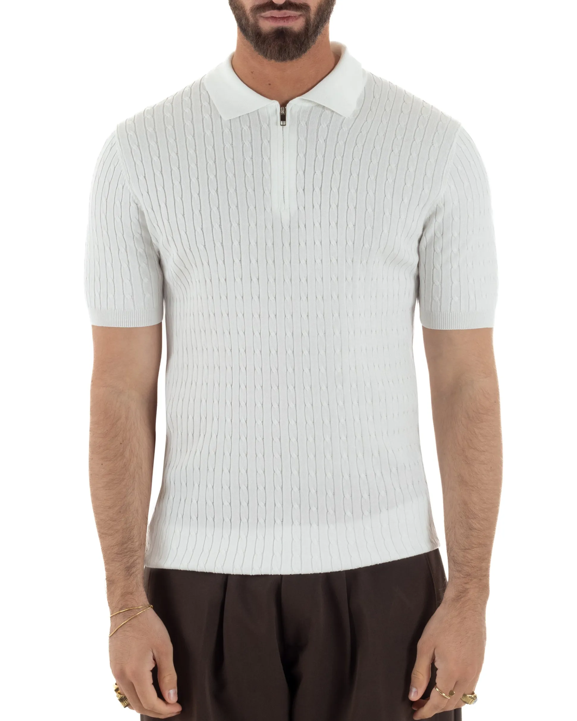 Polo uomo filo maglia trecce colletto con zip t-shirt sottogiacca leggera bianco GIOSAL-TS3226A