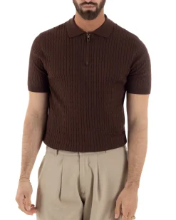 Polo uomo filo maglia trecce colletto con zip t-shirt sottogiacca leggera marrone GIOSAL-TS3224A