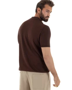 Polo uomo filo maglia trecce colletto con zip t-shirt sottogiacca leggera marrone GIOSAL-TS3224A