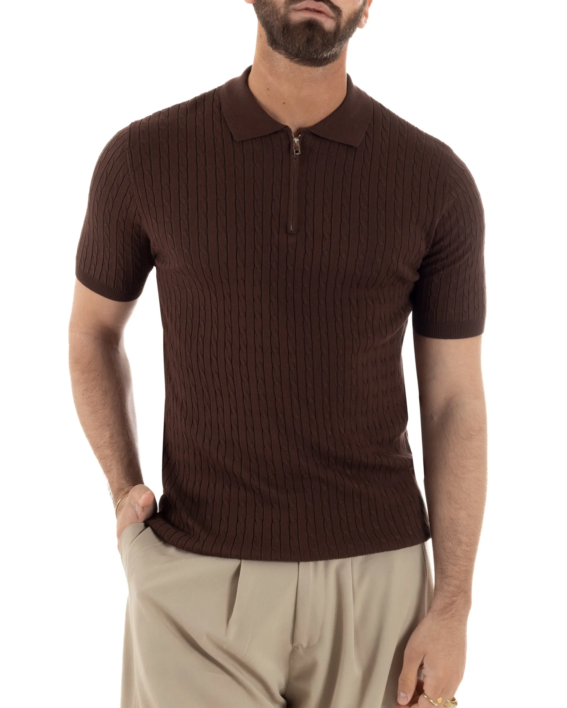 Polo uomo filo maglia trecce colletto con zip t-shirt sottogiacca leggera marrone GIOSAL-TS3224A