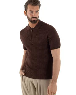 Polo uomo filo maglia trecce colletto con zip t-shirt sottogiacca leggera marrone GIOSAL-TS3224A