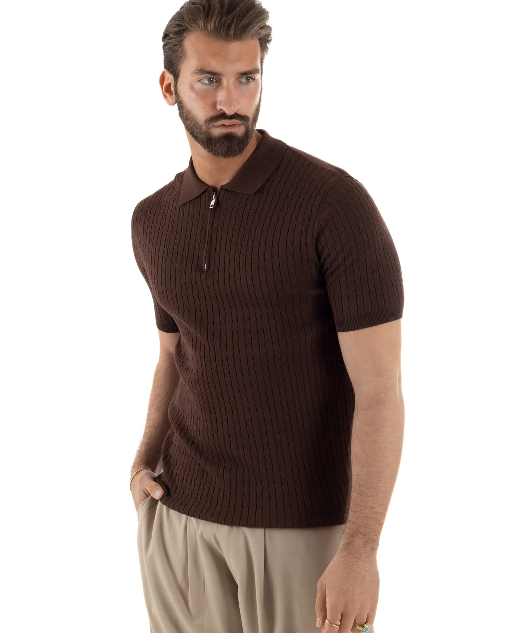 Polo uomo filo maglia trecce colletto con zip t-shirt sottogiacca leggera marrone GIOSAL-TS3224A