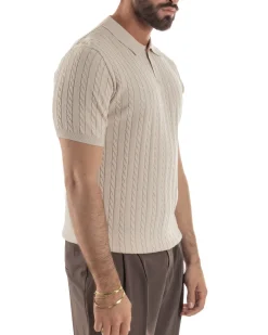 Polo uomo filo maglia trecce colletto con bottoni t-shirt sottogiacca beige GIOSAL-TS3268A