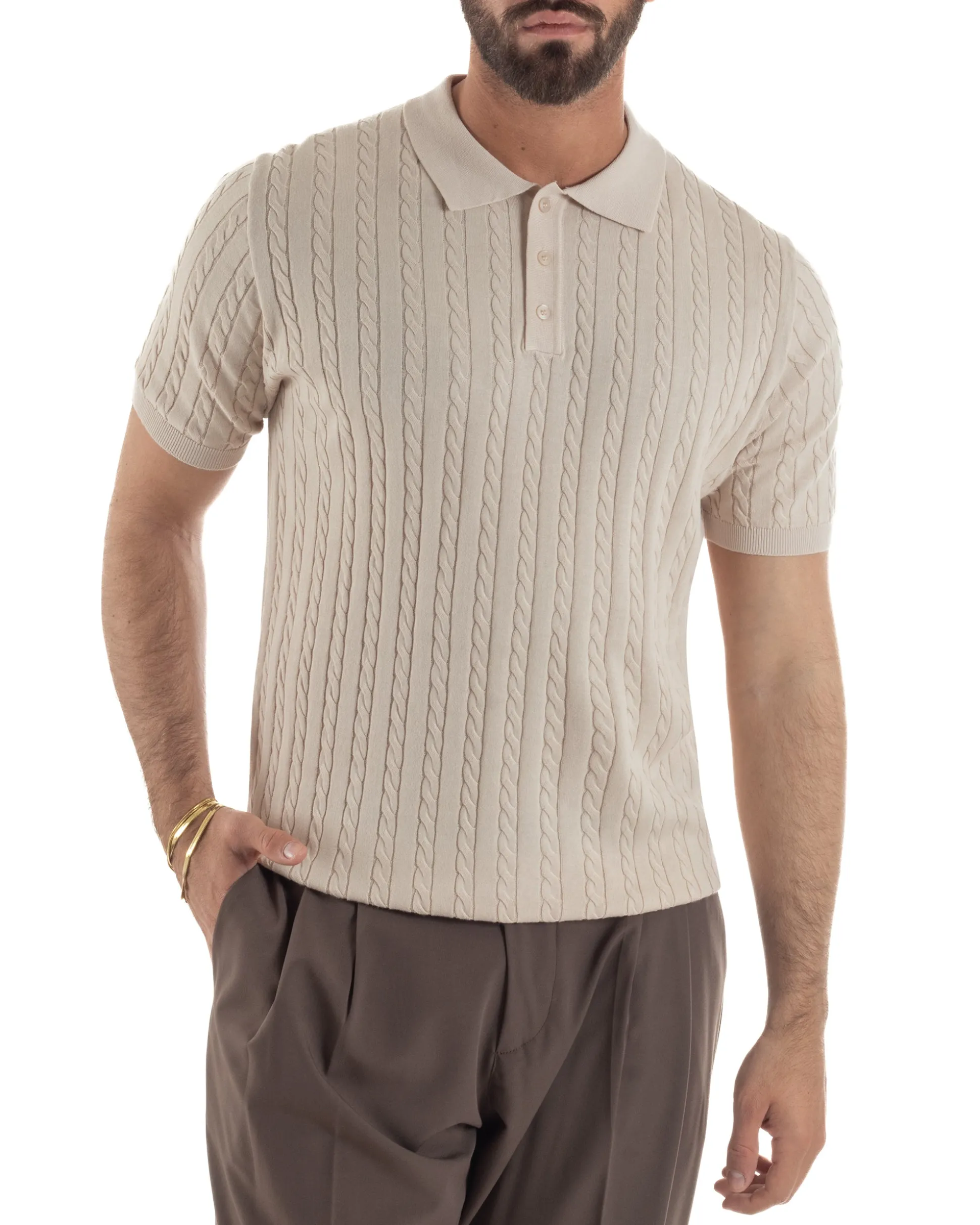 Polo uomo filo maglia trecce colletto con bottoni t-shirt sottogiacca beige GIOSAL-TS3268A