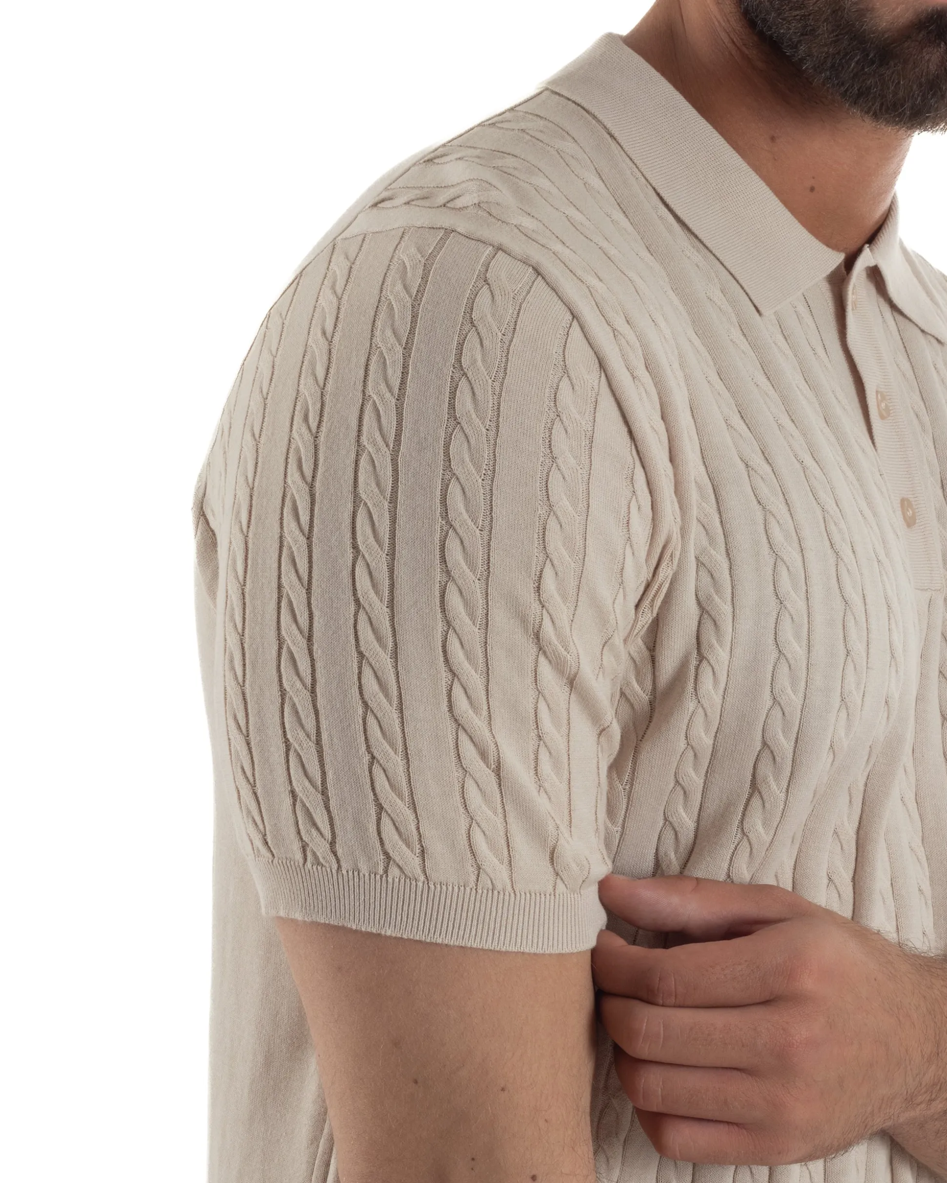 Polo uomo filo maglia trecce colletto con bottoni t-shirt sottogiacca beige GIOSAL-TS3268A