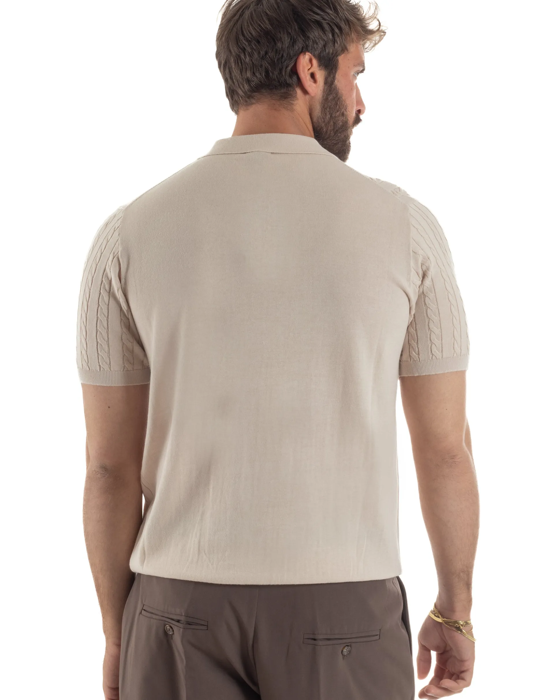Polo uomo filo maglia trecce colletto con bottoni t-shirt sottogiacca beige GIOSAL-TS3268A