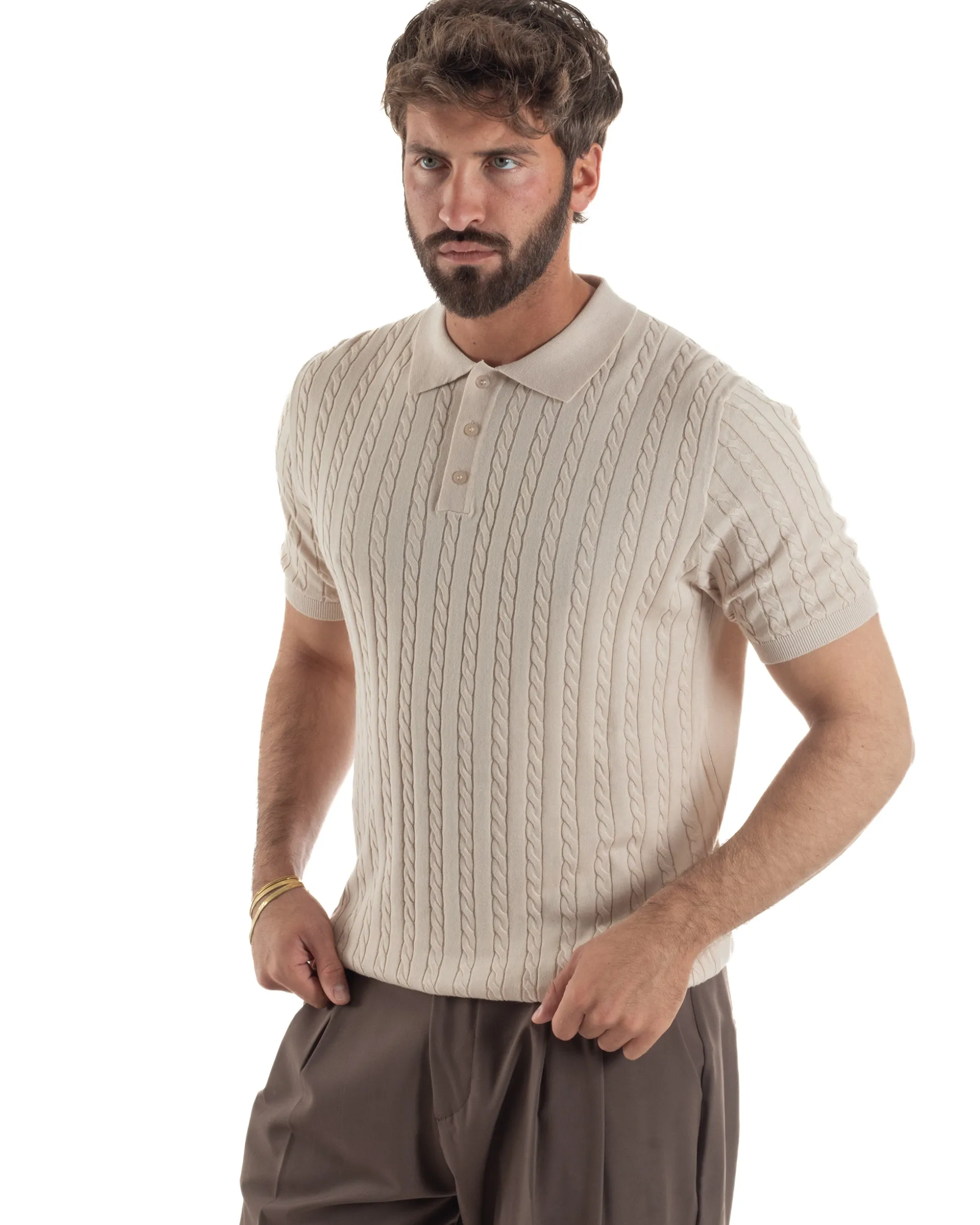 Polo uomo filo maglia trecce colletto con bottoni t-shirt sottogiacca beige GIOSAL-TS3268A