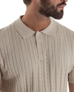 Polo uomo filo maglia trecce colletto con bottoni t-shirt sottogiacca beige GIOSAL-TS3268A