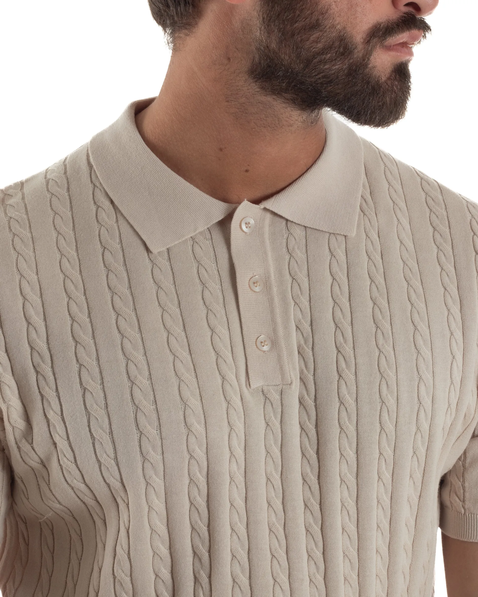 Polo uomo filo maglia trecce colletto con bottoni t-shirt sottogiacca beige GIOSAL-TS3268A