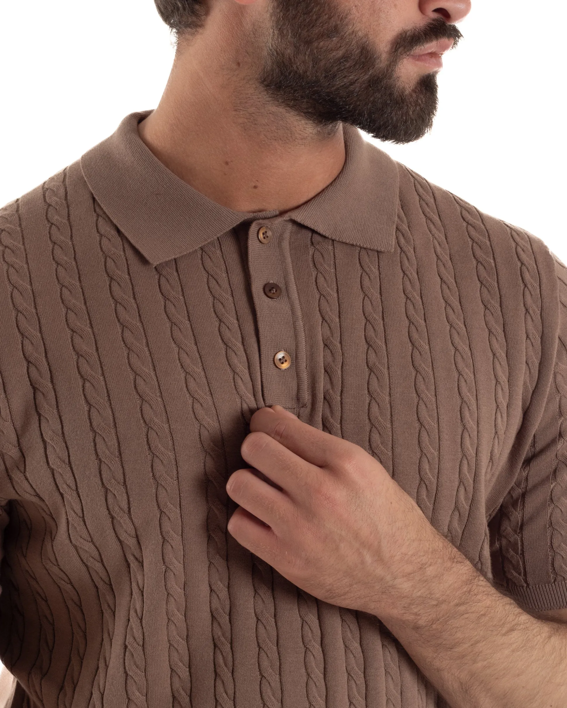 Polo uomo filo maglia trecce colletto con bottoni t-shirt sottogiacca marrone GIOSAL-TS3269A