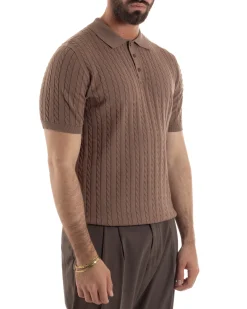 Polo uomo filo maglia trecce colletto con bottoni t-shirt sottogiacca marrone GIOSAL-TS3269A