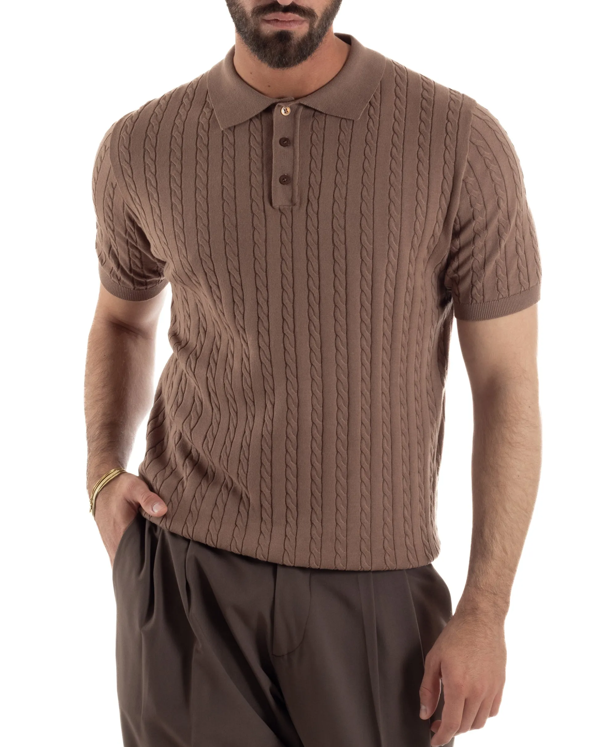 Polo uomo filo maglia trecce colletto con bottoni t-shirt sottogiacca marrone GIOSAL-TS3269A