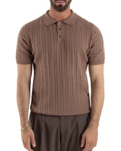 Polo uomo filo maglia trecce colletto con bottoni t-shirt sottogiacca marrone GIOSAL-TS3269A
