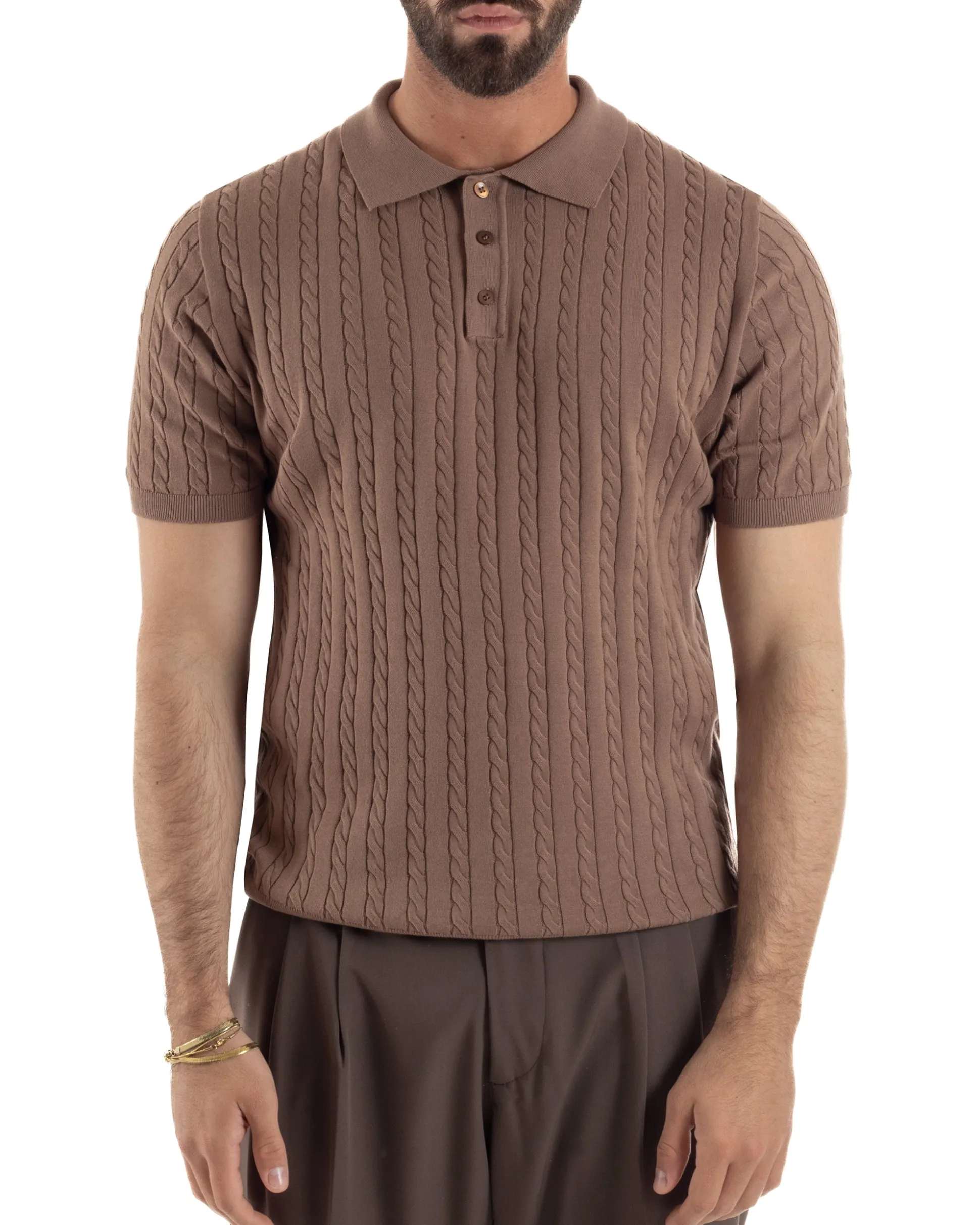Polo uomo filo maglia trecce colletto con bottoni t-shirt sottogiacca marrone GIOSAL-TS3269A