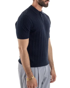 Polo uomo filo maglia trecce colletto con bottoni t-shirt sottogiacca blu GIOSAL-TS3270A