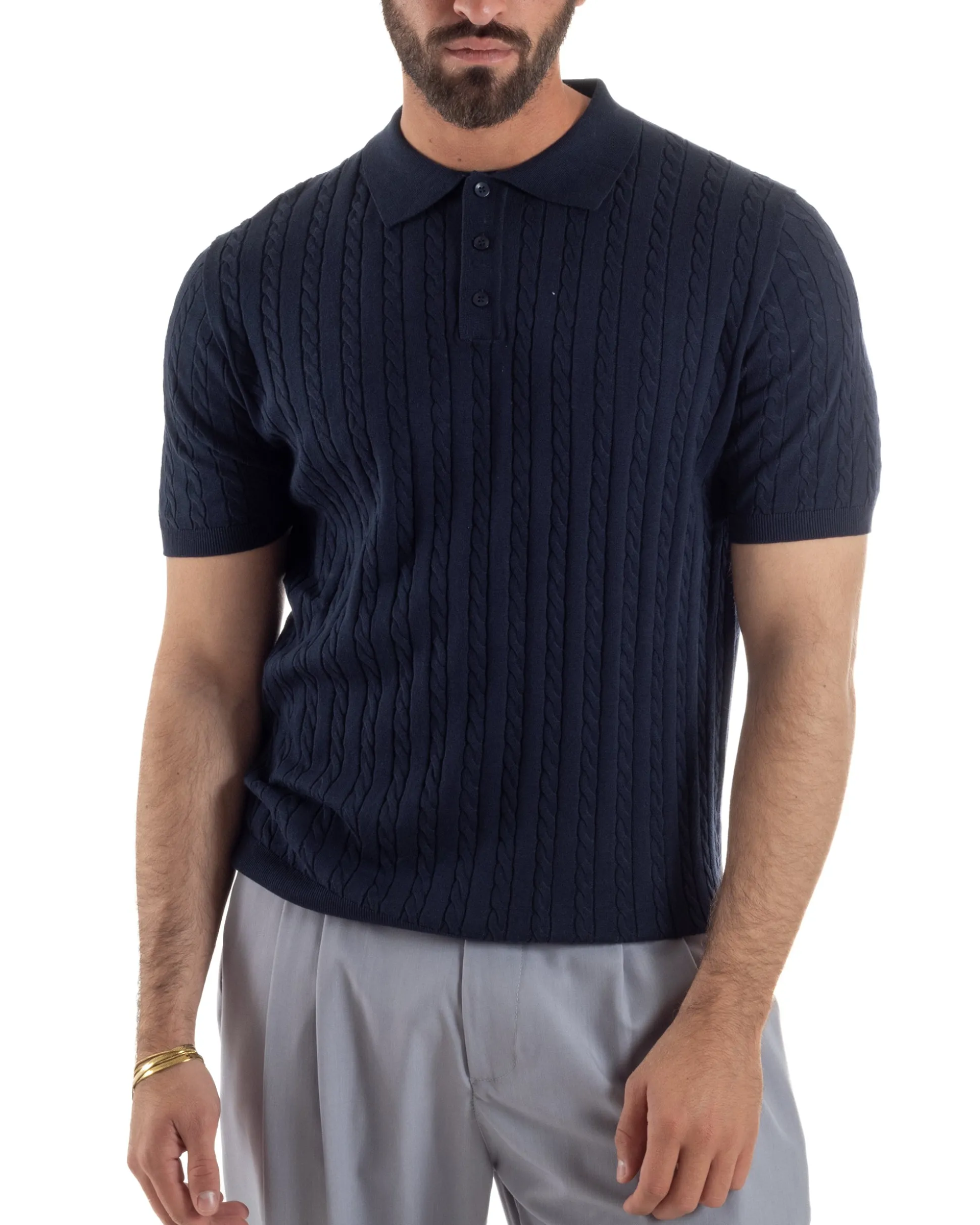 Polo uomo filo maglia trecce colletto con bottoni t-shirt sottogiacca blu GIOSAL-TS3270A