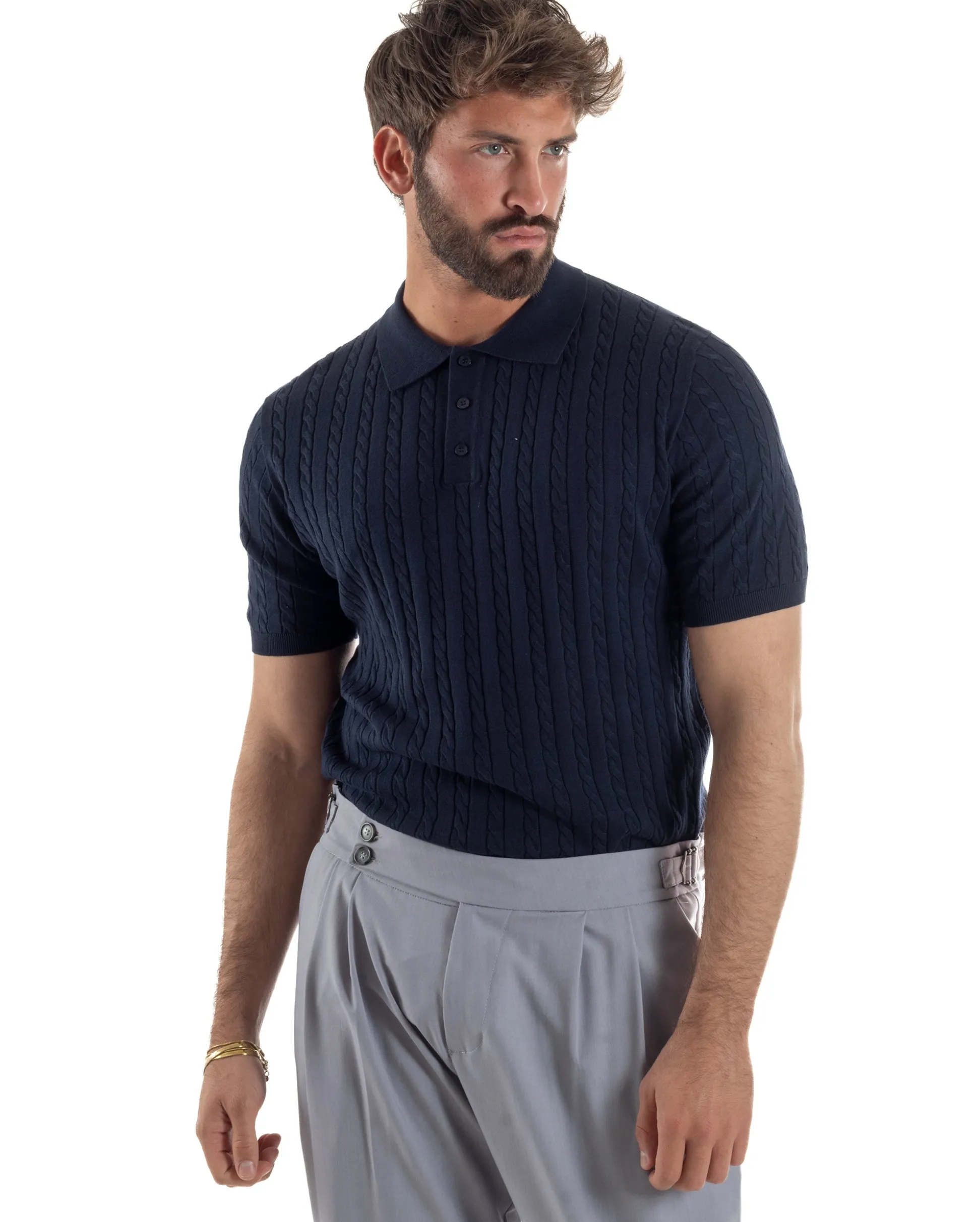 Polo uomo filo maglia trecce colletto con bottoni t-shirt sottogiacca blu GIOSAL-TS3270A