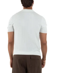 Polo uomo filo maglia trecce colletto con bottoni t-shirt sottogiacca elegante bianco GIOSAL-TS3314A