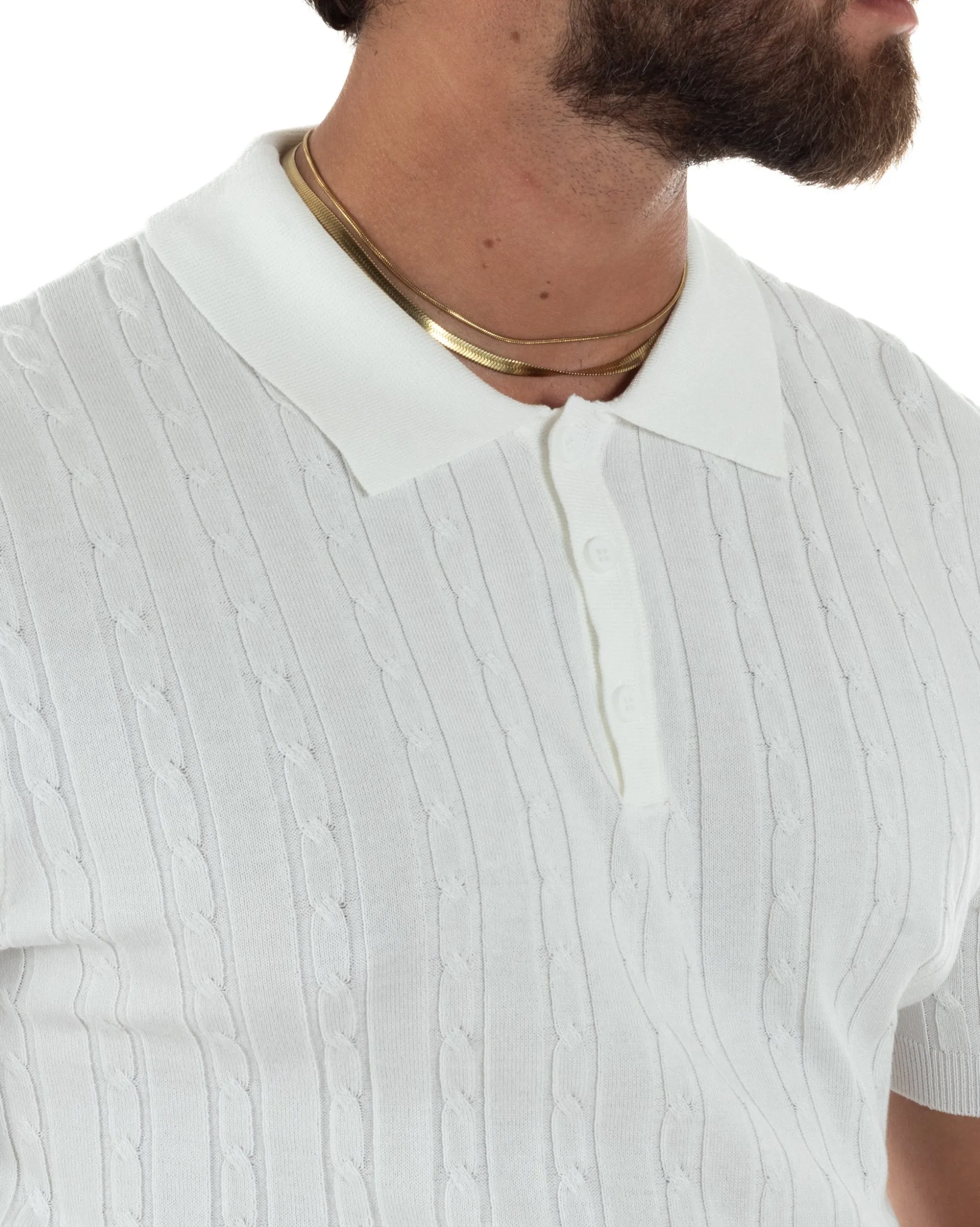 Polo uomo filo maglia trecce colletto con bottoni t-shirt sottogiacca elegante bianco GIOSAL-TS3314A