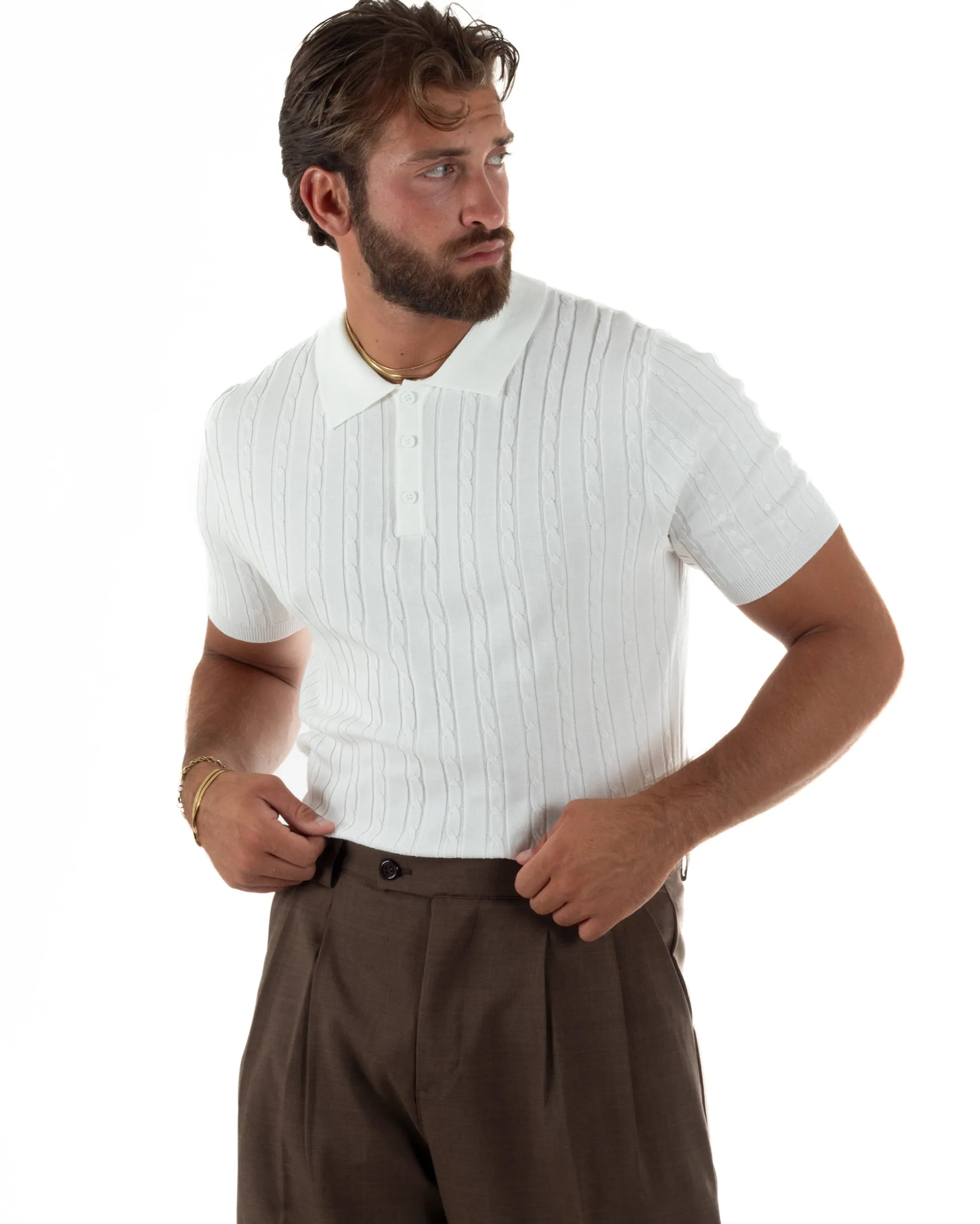 Polo uomo filo maglia trecce colletto con bottoni t-shirt sottogiacca elegante bianco GIOSAL-TS3314A