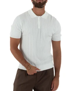 Polo uomo filo maglia trecce colletto con bottoni t-shirt sottogiacca elegante bianco GIOSAL-TS3314A
