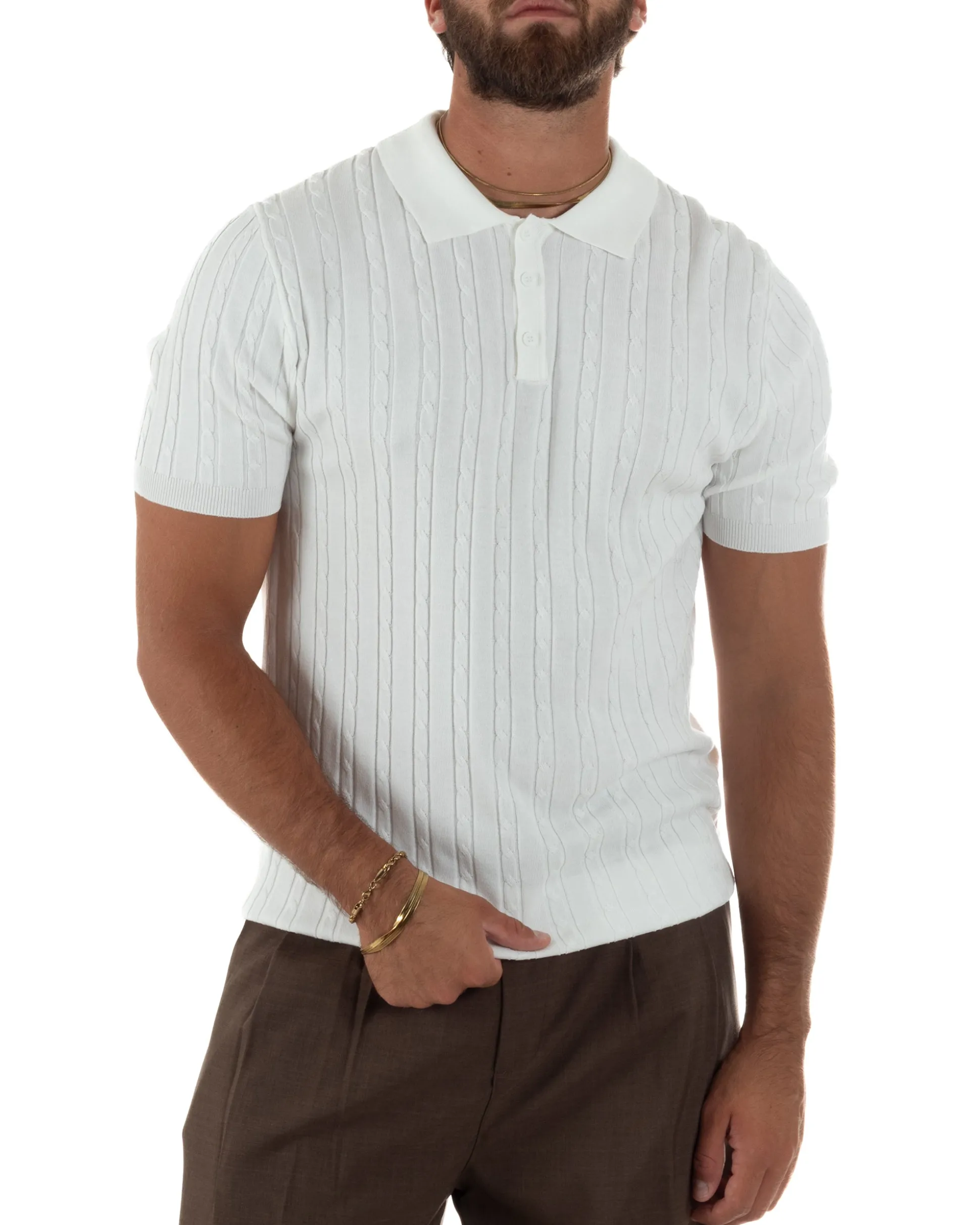 Polo uomo filo maglia trecce colletto con bottoni t-shirt sottogiacca elegante bianco GIOSAL-TS3314A