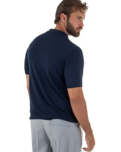 Polo uomo filo maglia trecce colletto con bottoni t-shirt sottogiacca elegante blu GIOSAL-TS3316A