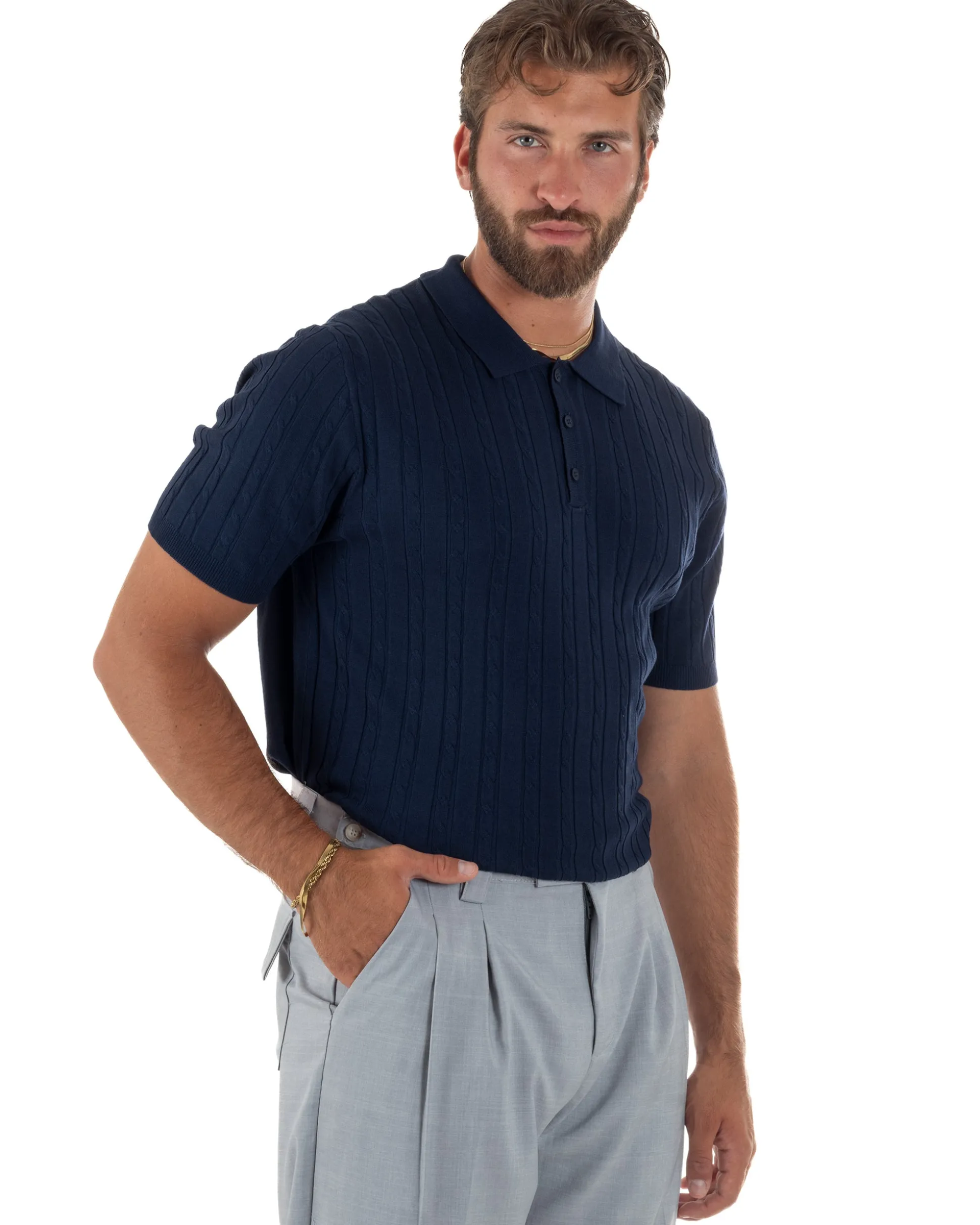 Polo uomo filo maglia trecce colletto con bottoni t-shirt sottogiacca elegante blu GIOSAL-TS3316A