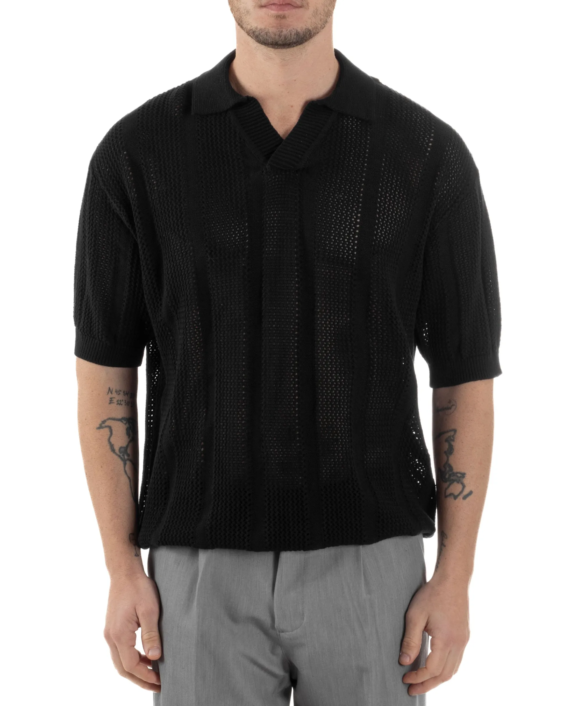 Polo Uomo Filo Traforata Scollo V T-Shirt Con Colletto Maniche Corte Lavorata Oversize Spalle Scese Nero GIOSAL-TS3115A