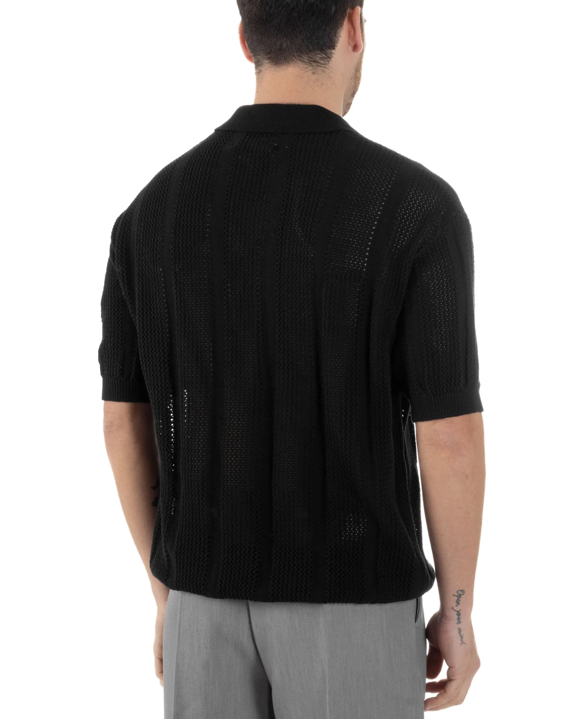 Polo Uomo Filo Traforata Scollo V T-Shirt Con Colletto Maniche Corte Lavorata Oversize Spalle Scese Nero GIOSAL-TS3115A