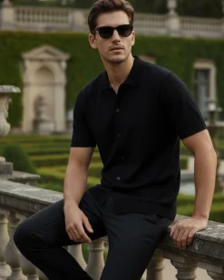 Polo Uomo In Filo Cardigan Bottoni T-Shirt Con Colletto Sottogiacca Nero TS3020A