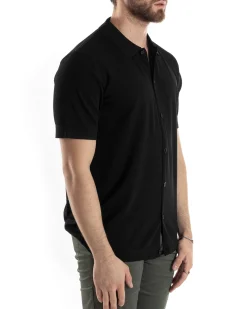 Polo Uomo In Filo Cardigan Bottoni T-Shirt Con Colletto Sottogiacca Nero TS3020A