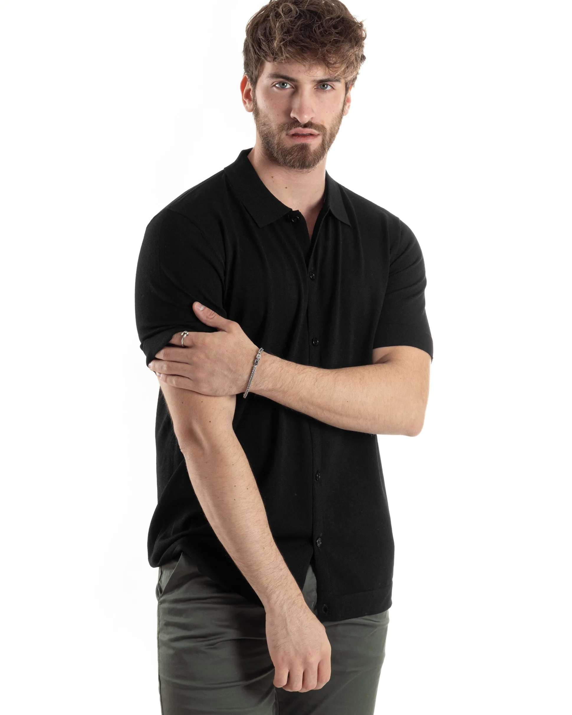 Polo Uomo In Filo Cardigan Bottoni T-Shirt Con Colletto Sottogiacca Nero TS3020A