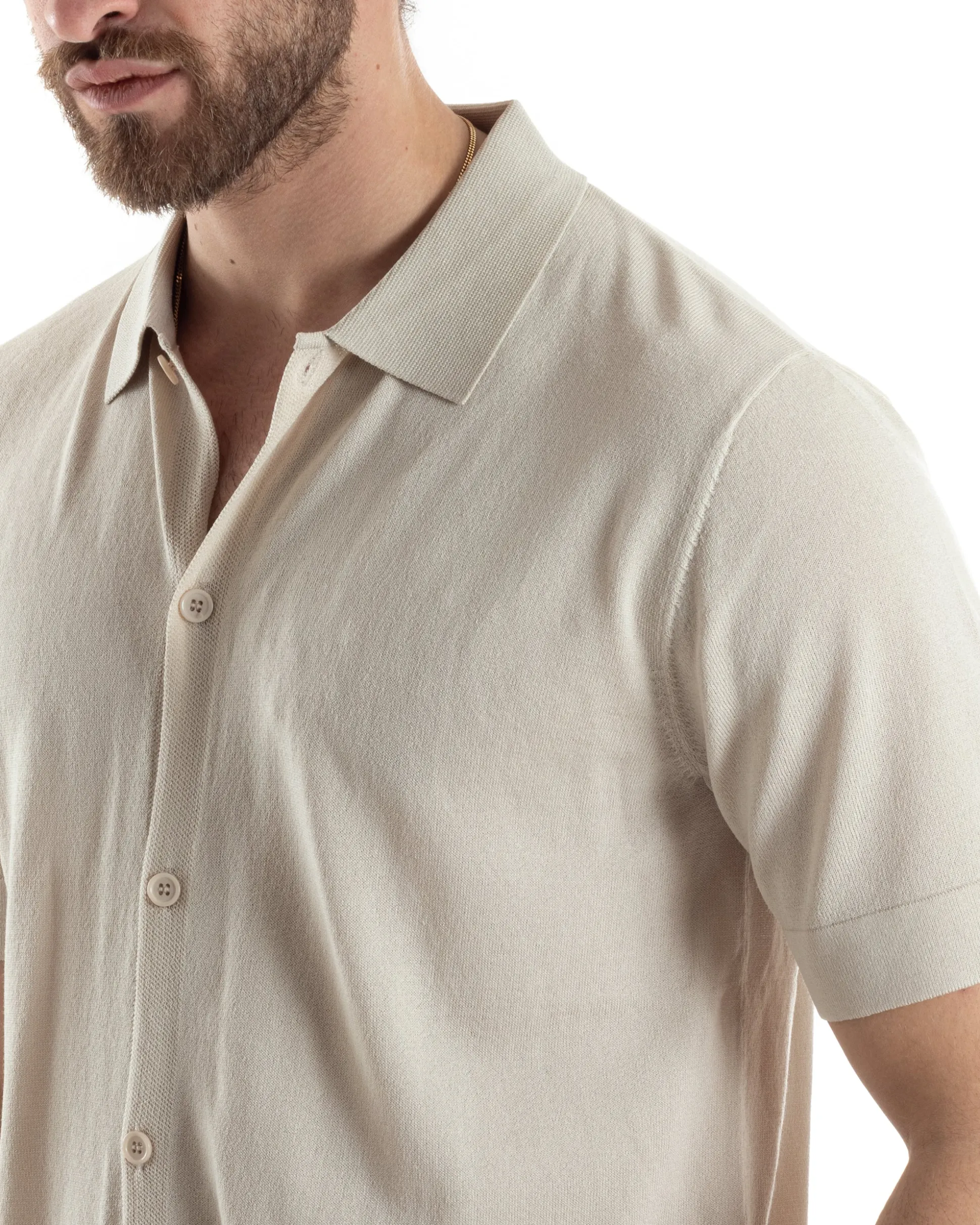 Polo Uomo In Filo Cardigan Bottoni T-Shirt Con Colletto Sottogiacca Beige TS3019A