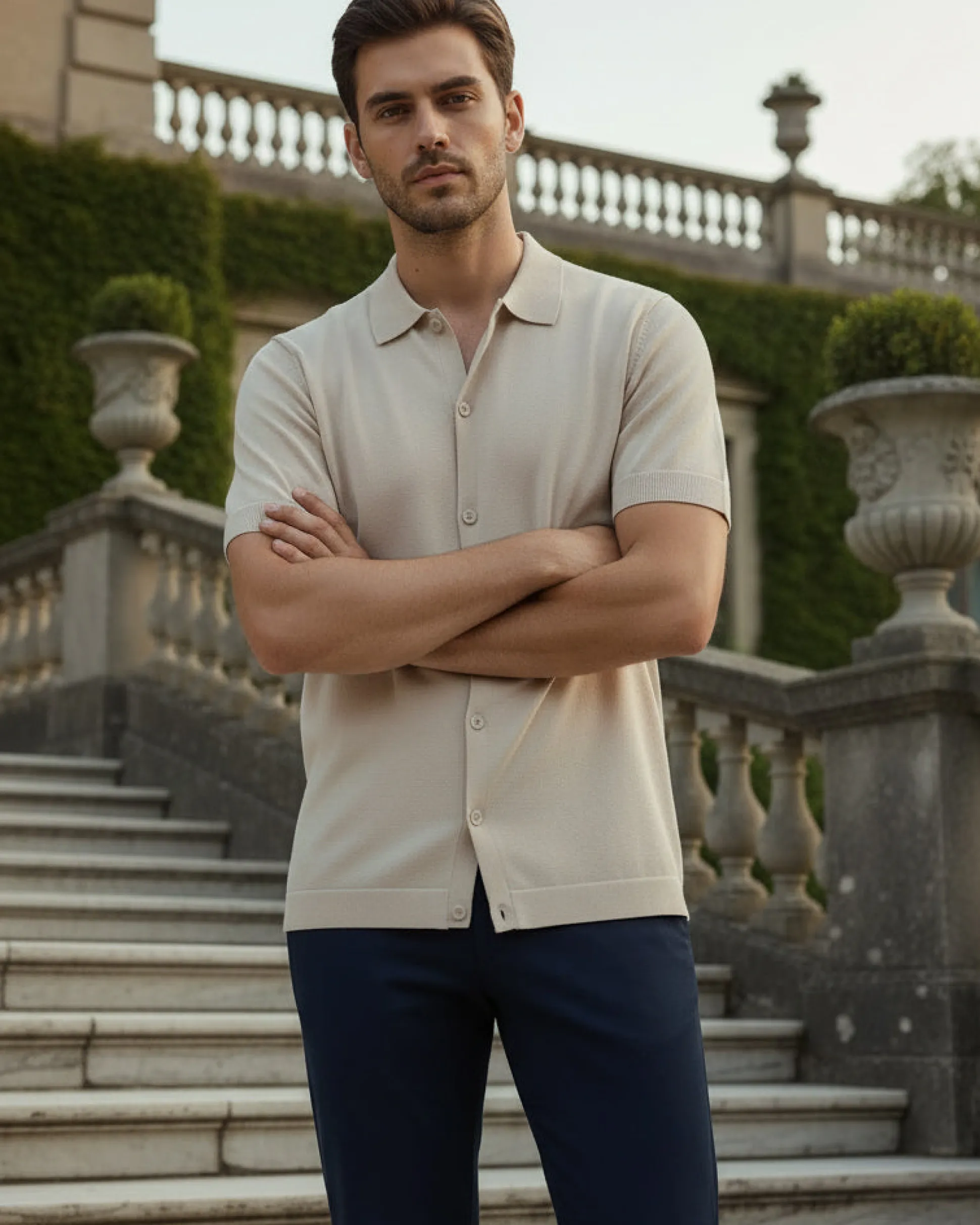Polo Uomo In Filo Cardigan Bottoni T-Shirt Con Colletto Sottogiacca Beige TS3019A