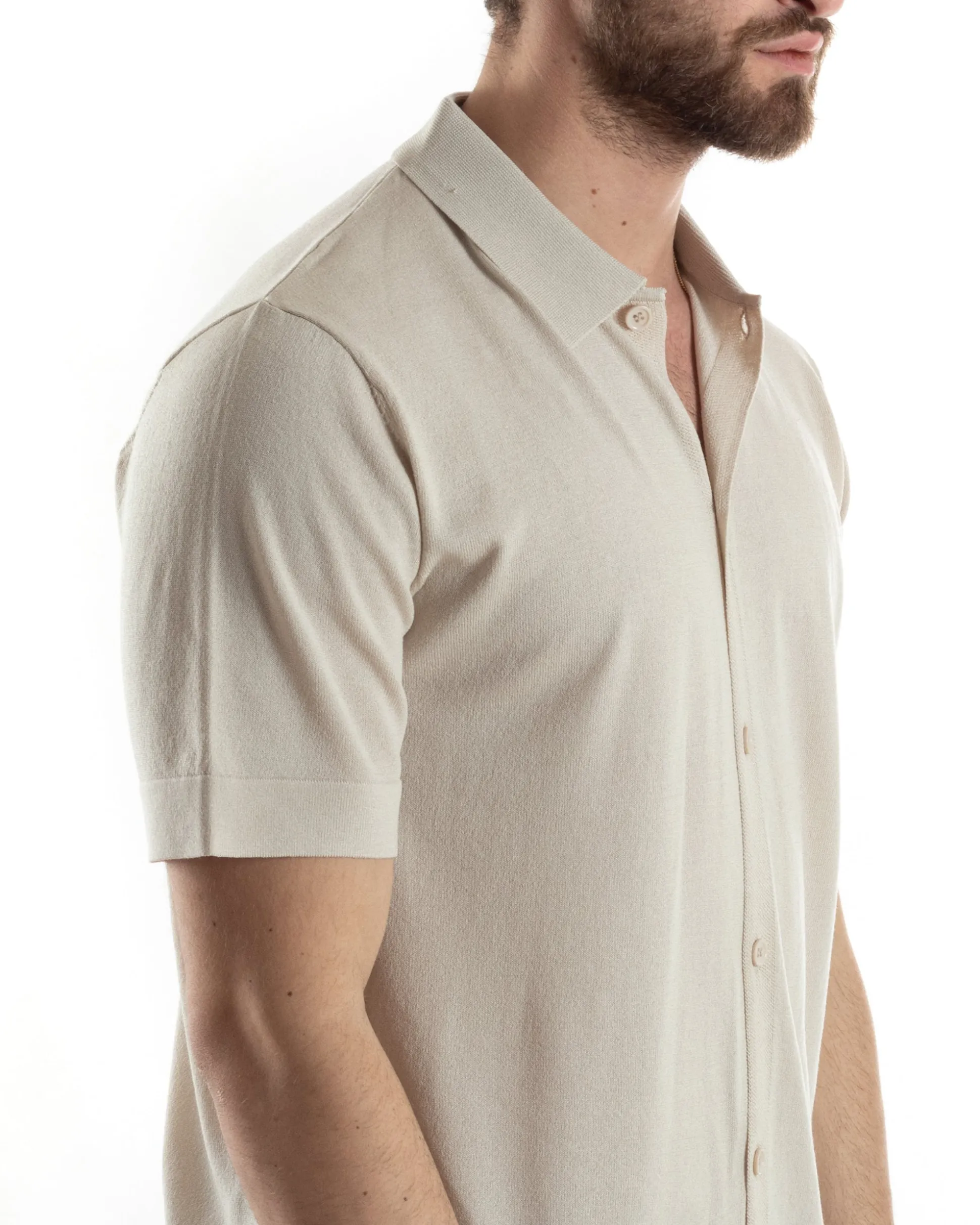 Polo Uomo In Filo Cardigan Bottoni T-Shirt Con Colletto Sottogiacca Beige TS3019A