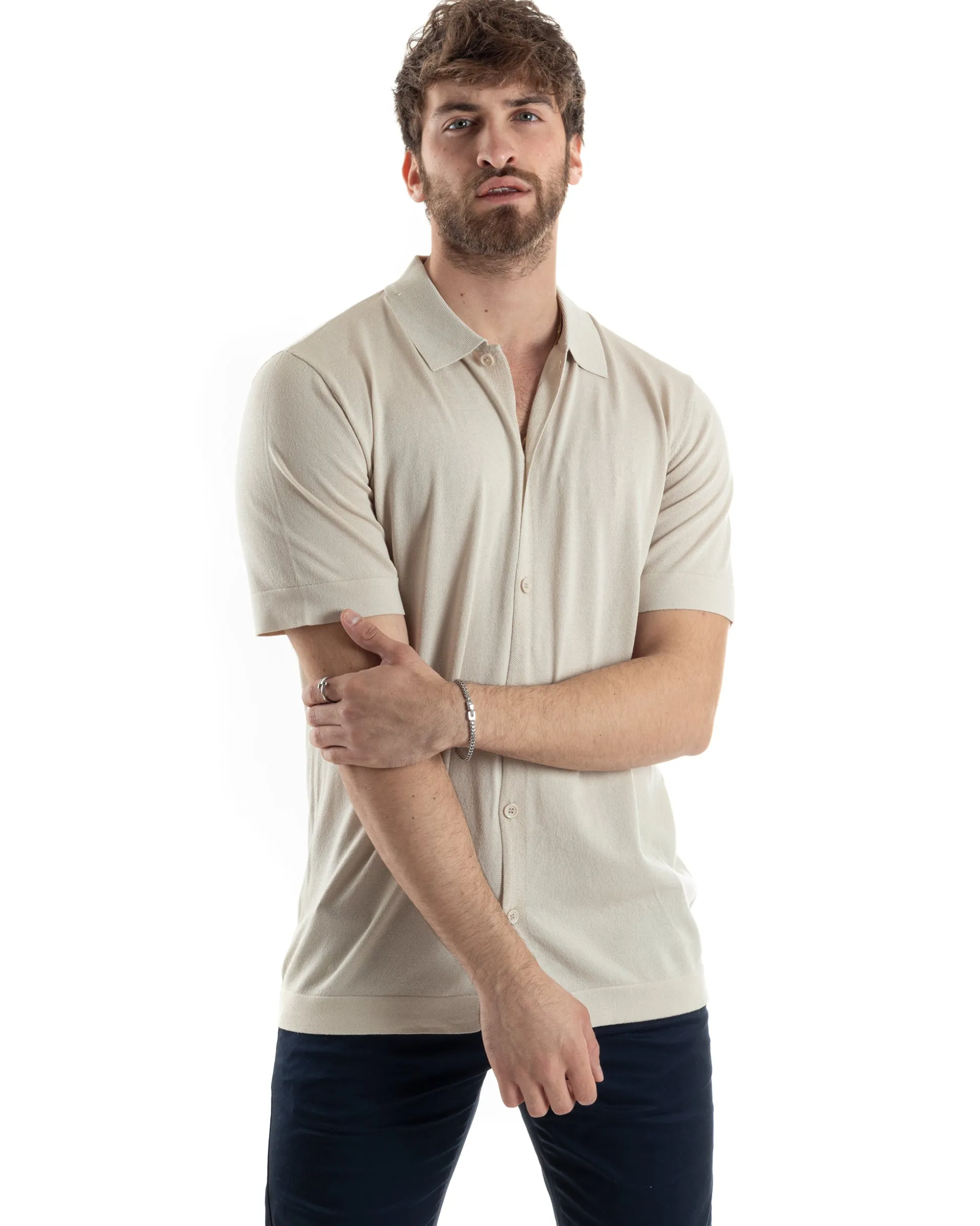 Polo Uomo In Filo Cardigan Bottoni T-Shirt Con Colletto Sottogiacca Beige TS3019A
